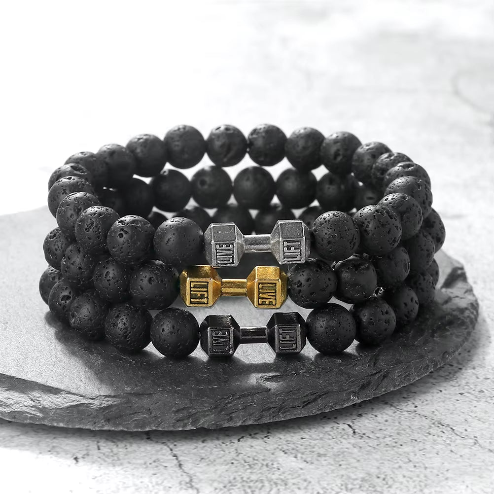 Natural Black Volcanic Lava Stone Dumbbell Bracelet Black Matte Beads Bracelets for Women Men Fitness Barbell Jewelry Pulseras