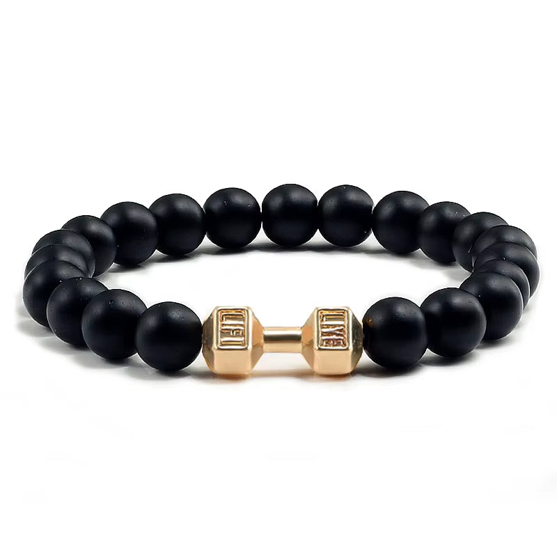 Natural Black Volcanic Lava Stone Dumbbell Bracelet Black Matte Beads Bracelets for Women Men Fitness Barbell Jewelry Pulseras