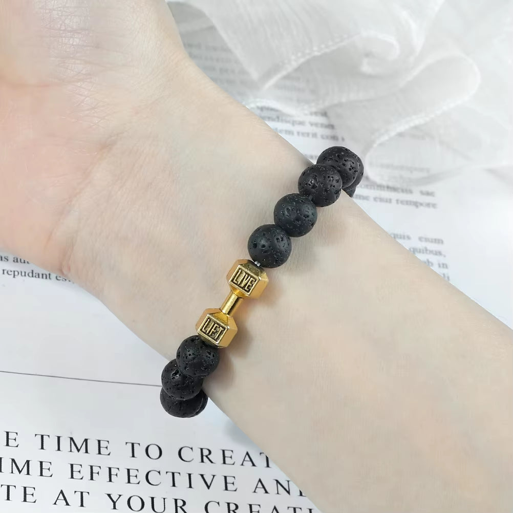 Natural Black Volcanic Lava Stone Dumbbell Bracelet Black Matte Beads Bracelets for Women Men Fitness Barbell Jewelry Pulseras