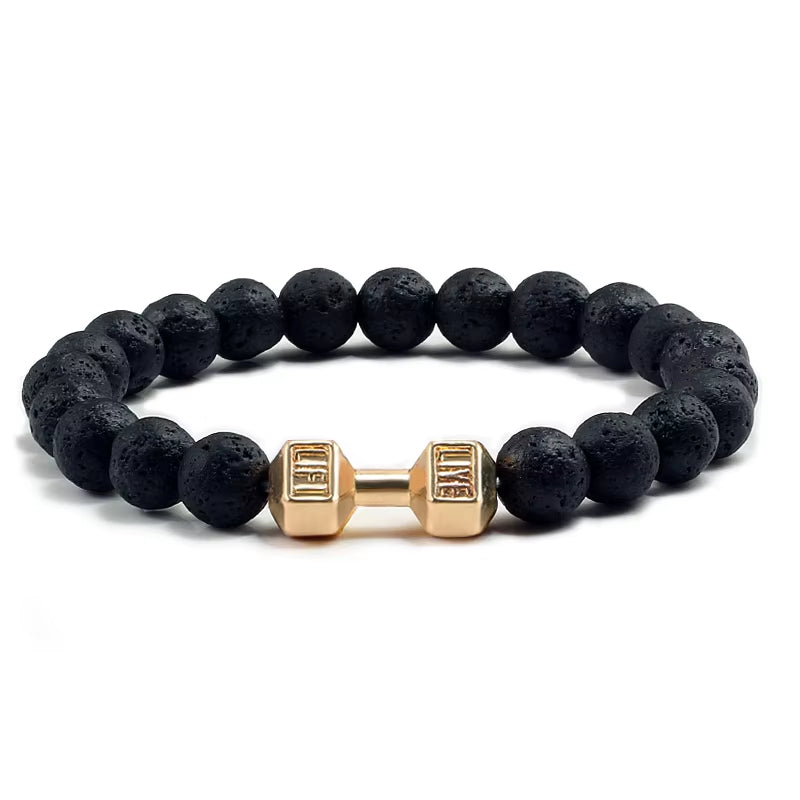 Natural Black Volcanic Lava Stone Dumbbell Bracelet Black Matte Beads Bracelets for Women Men Fitness Barbell Jewelry Pulseras