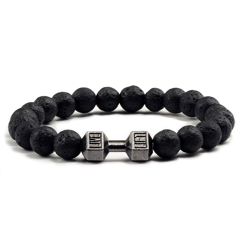 Natural Black Volcanic Lava Stone Dumbbell Bracelet Black Matte Beads Bracelets for Women Men Fitness Barbell Jewelry Pulseras