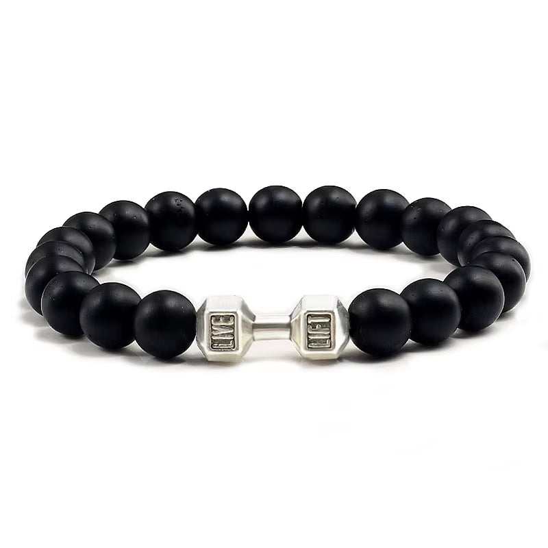 Natural Black Volcanic Lava Stone Dumbbell Bracelet Black Matte Beads Bracelets for Women Men Fitness Barbell Jewelry Pulseras