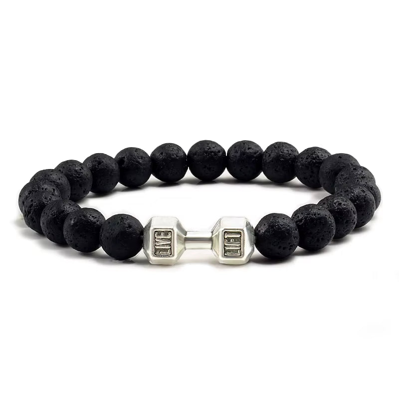 Natural Black Volcanic Lava Stone Dumbbell Bracelet Black Matte Beads Bracelets for Women Men Fitness Barbell Jewelry Pulseras