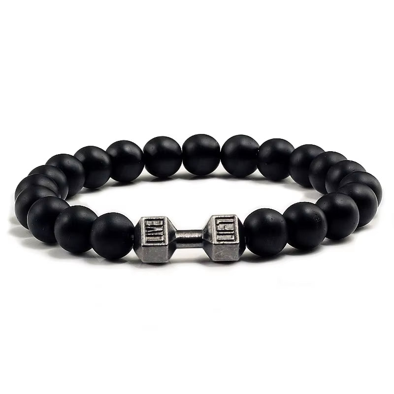Natural Black Volcanic Lava Stone Dumbbell Bracelet Black Matte Beads Bracelets for Women Men Fitness Barbell Jewelry Pulseras